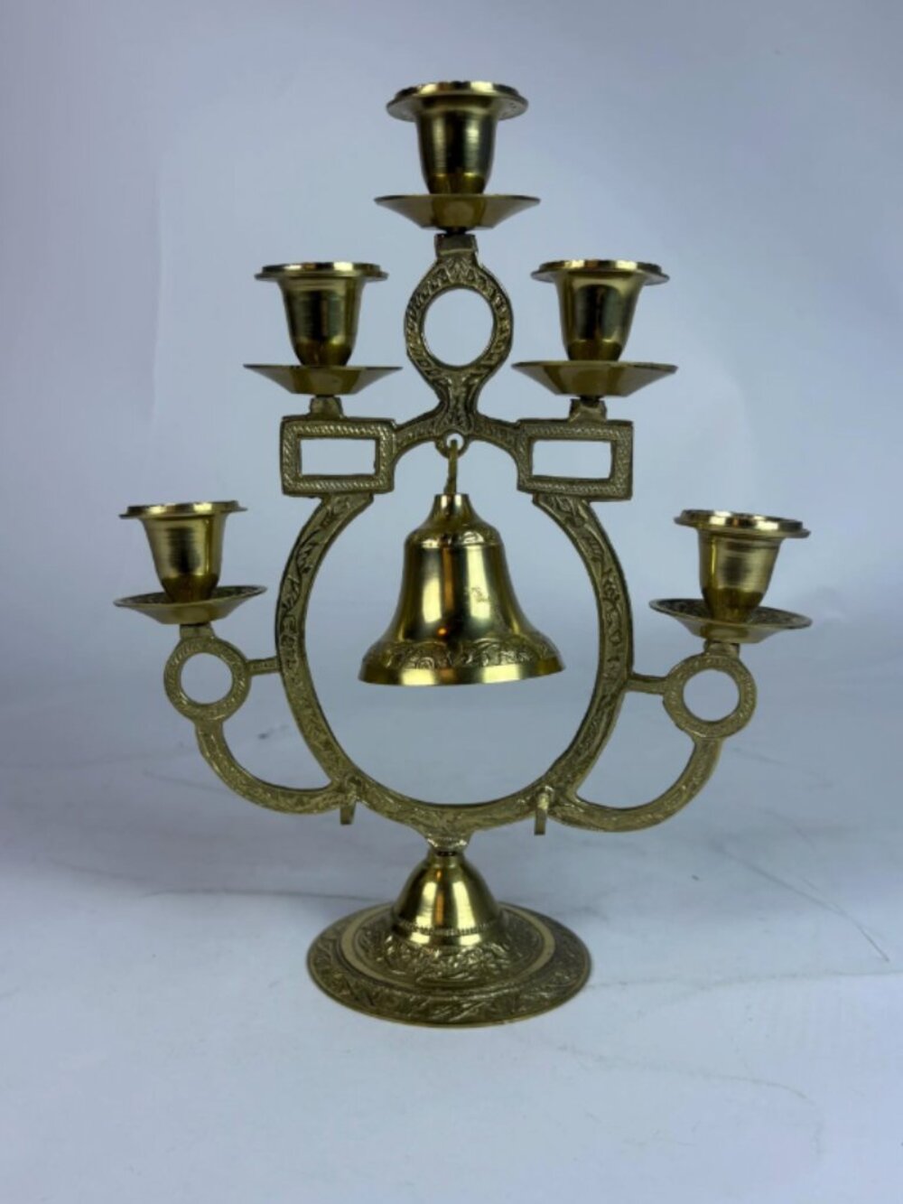 Vintage Brass Candelabra with Bell – 5 Arm Candle Holder, Ornate Hollywood Regen